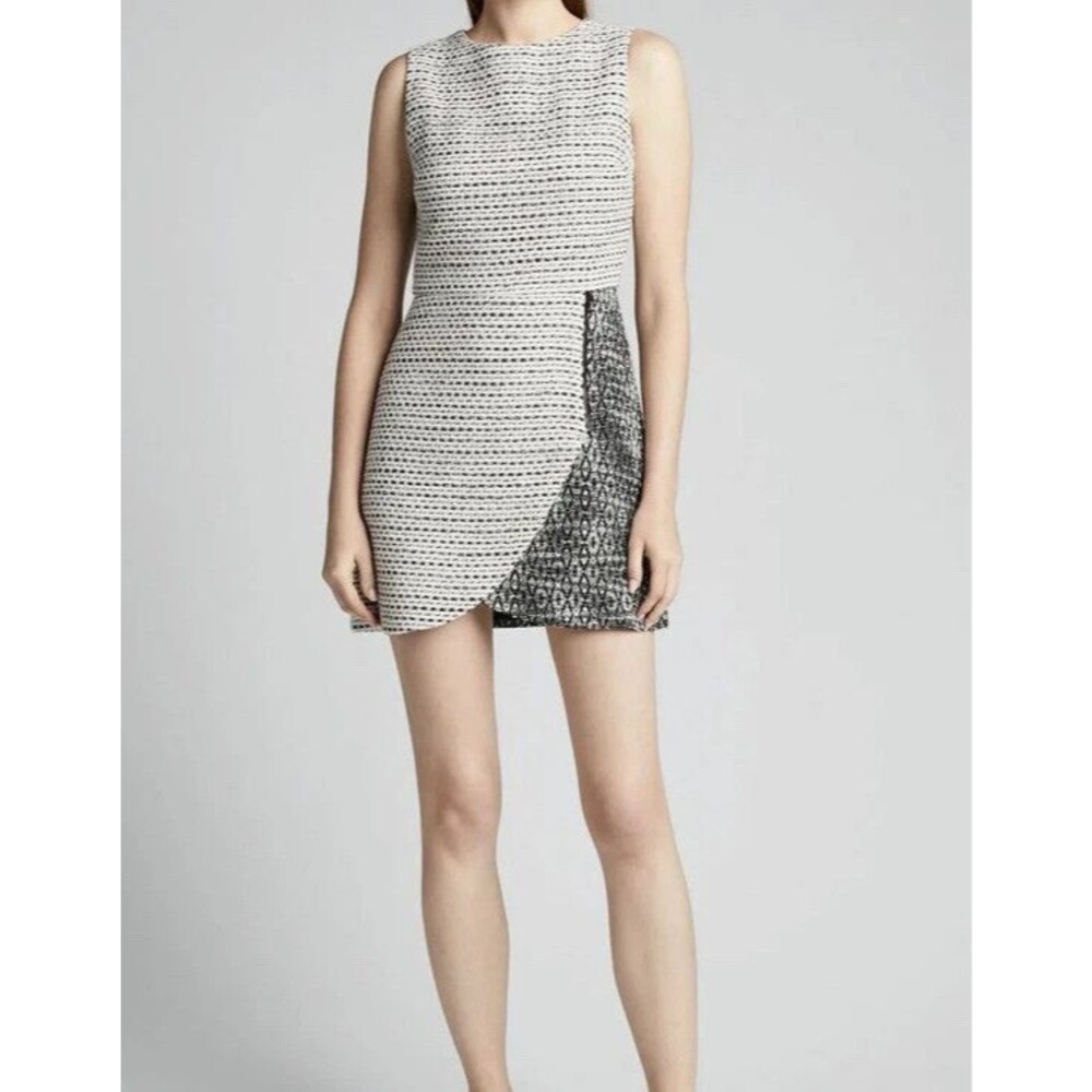 Alice + Olivia Sally Side Zip Boucle Tweed Mini Dress 4 Black White Boucle $440